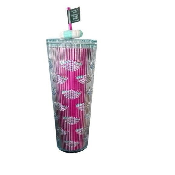 Starbucks Summer 24 Oz Tumbler Silicone Lid Topper & Straw Textured Aqua & Pink - Picture 2 of 10